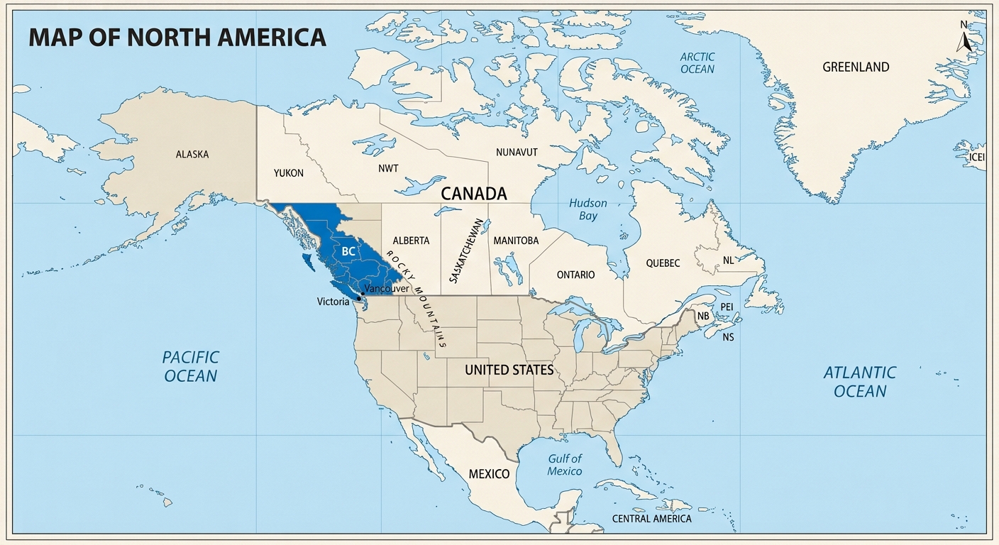 Map highlighting British Columbia, Canada, which observes Pacific Time